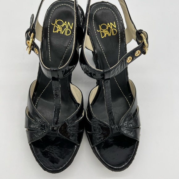 Joan & David Black Patent Leather T-Strap Wedge Sandals Peep Toe W/Gold Buckle - Picture 4 of 16